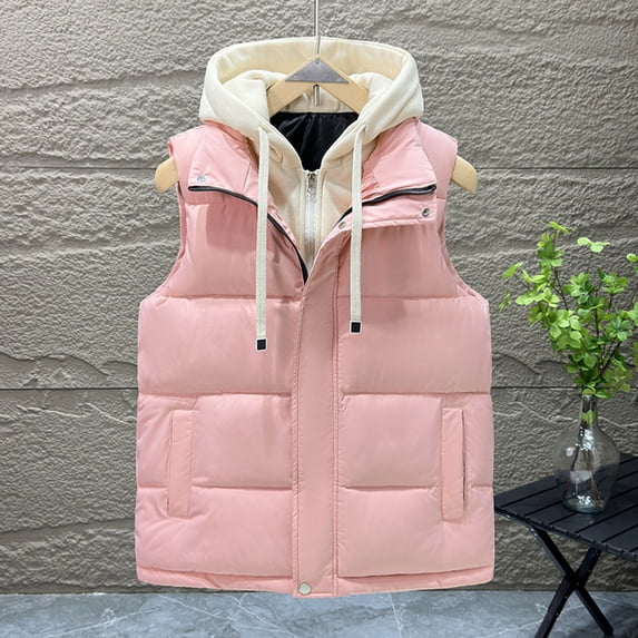 Homenesgenics Winter Coat Winter Clothes Men's Solid Color Sleeveless Hooded Zipper Cardigan Warm Jacket Pink XXXL