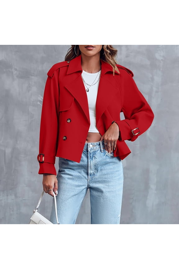 Winter Coat Winter Clothes Women Double Breasted Trench Coat Raglan Sleeve Casual Loose Long-sleeve Short Jacket Outerwear Work office Cropped Jacket with Pockets Red L