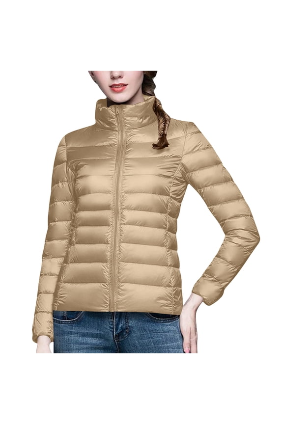 Winter Coat Winter Clothes Women's Puffer Jacket Long Sleeve Stand Collar Zip Up Quilted Down Coat Winter with Pockets Brown L