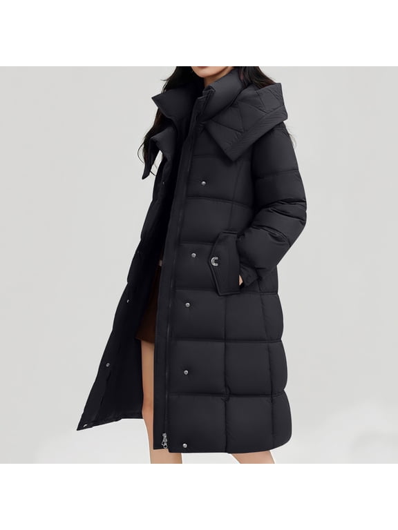 Winter Coat Winter Clothes Women's Solid Color Thick Coat Hooded Long Over The Knee Down Jacket with Pocket Black L