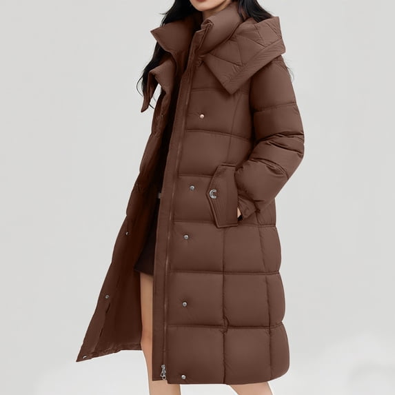Homenesgenics Winter Coat Winter Clothes Women's Solid Color Thick Coat Hooded Long Over The Knee Down Jacket with Pocket Brown L