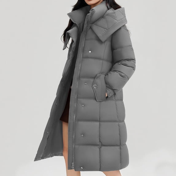 Homenesgenics Winter Coat Winter Clothes Women's Solid Color Thick Coat Hooded Long Over The Knee Down Jacket with Pocket Gray L