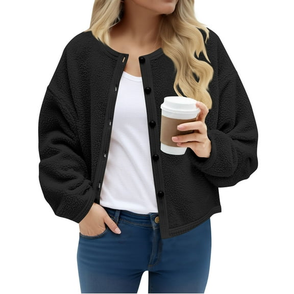Homenesgenics Winter Coat Winter Clothes Womens Fleece Jackets Cropped Button Down Crew Neck Coats Fall Casual Trendy Outerwear Black M