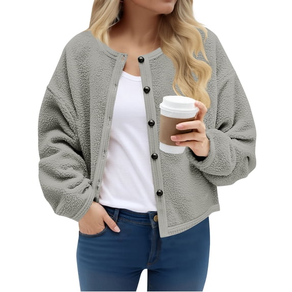 Homenesgenics Winter Coat Winter Clothes Womens Fleece Jackets Cropped Button Down Crew Neck Coats Fall Casual Trendy Outerwear Gray S