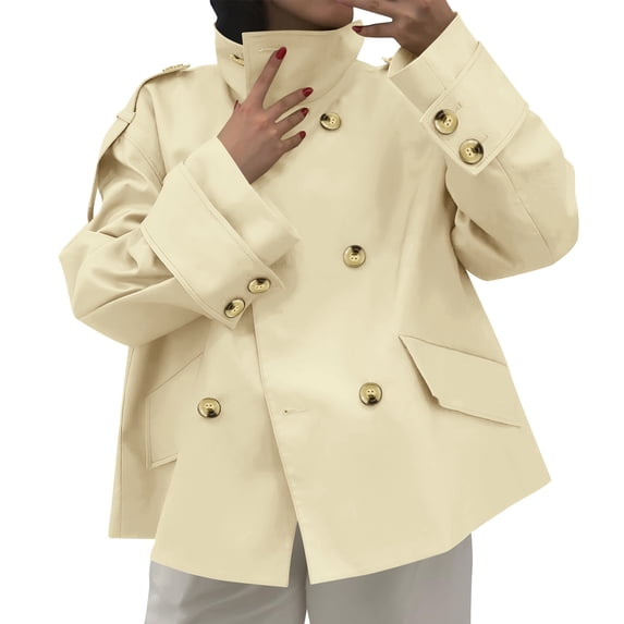 Homenesgenics Winter Coat Winter Clothes Womens Short Trench Coat Oversized Double Breasted Stand Collar Cropped Jacket Fall Casual Work Outerwear Beige S