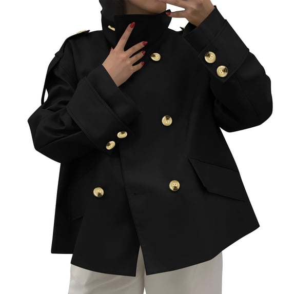 Homenesgenics Winter Coat Winter Clothes Womens Short Trench Coat Oversized Double Breasted Stand Collar Cropped Jacket Fall Casual Work Outerwear Black XL