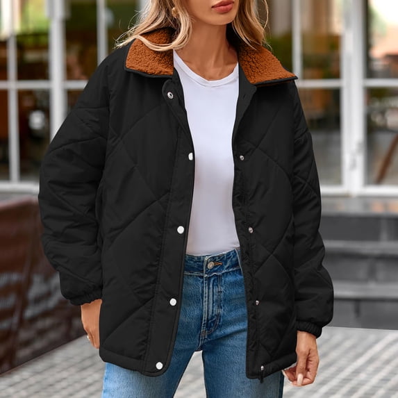 Homenesgenics Winter Coat Winter Clothes Womens Winter Casual Quilted Jacket Long Sleeve Button Down Jacket Thickened Coat Black L