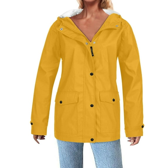 Homenesgenics Winter Coats for Women 2X Women's Solid Rain Jacket Outdoor Jackets Hooded Raincoat Windproof Winter Jackets Women Plus Size Red XXXXL