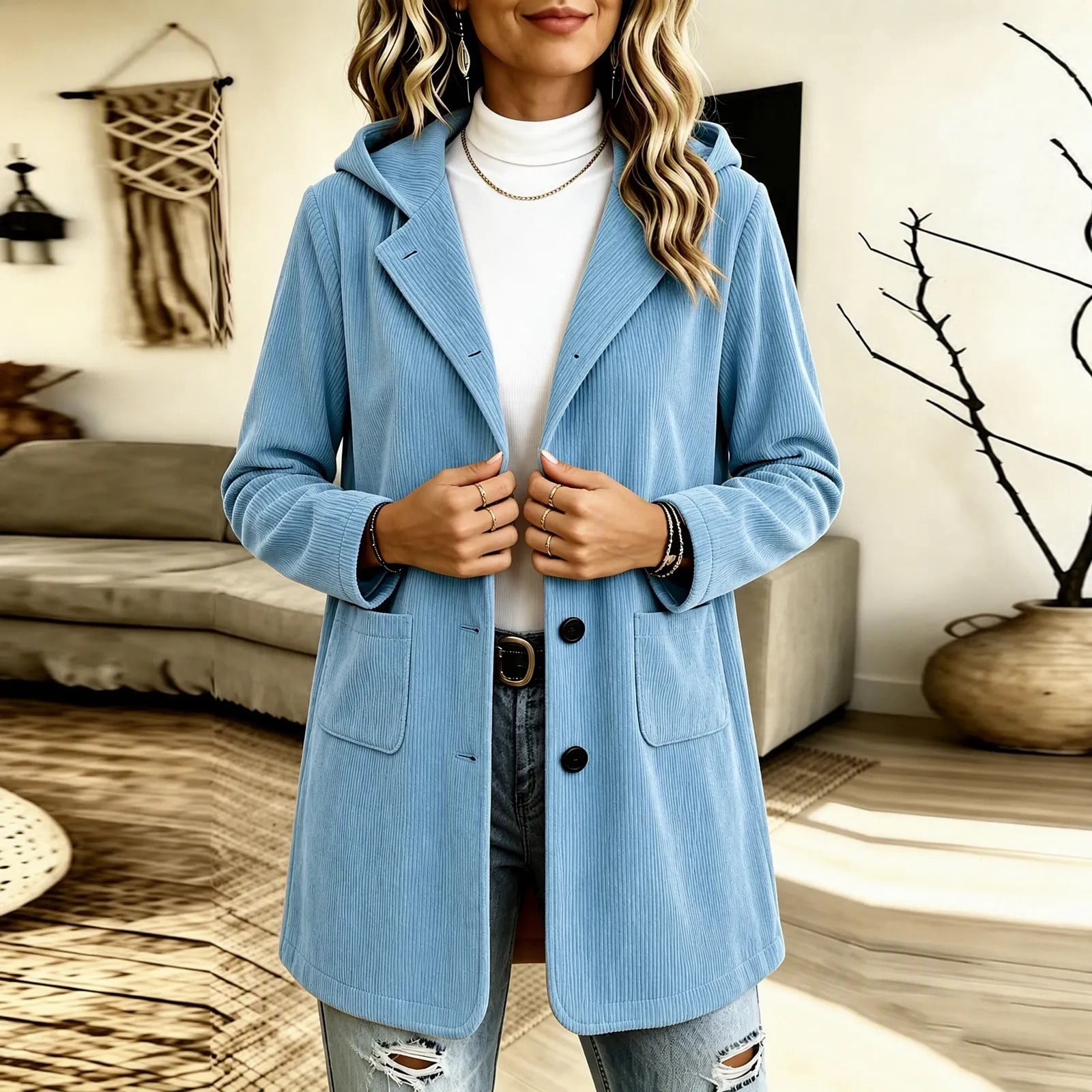 Homenesgenics Winter Coats for Women Corduroy Hooded Collar Button ...