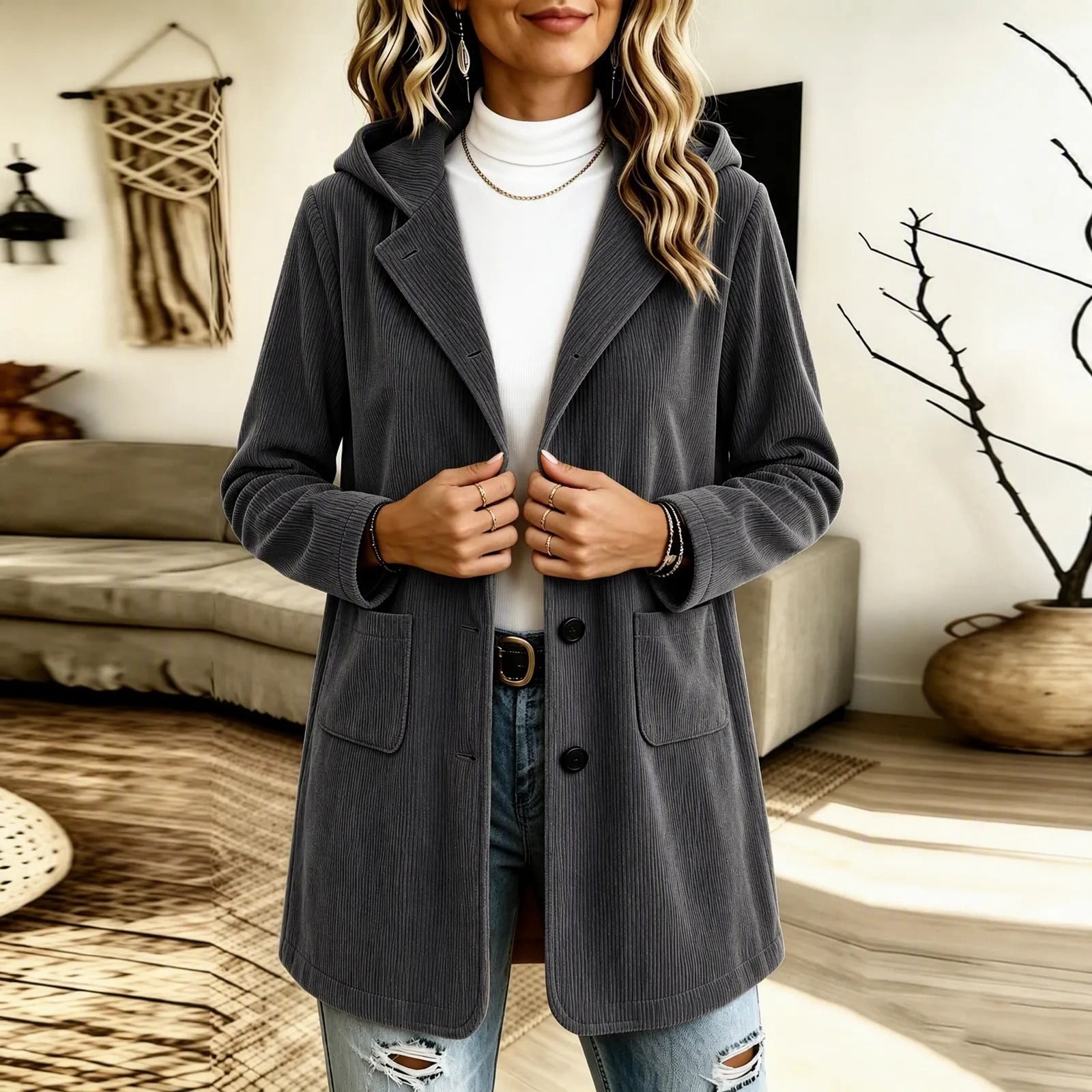 Homenesgenics Winter Coats for Women Corduroy Hooded Collar Button ...
