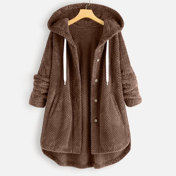 Homenesgenics Winter Coats for Women Plus Size 4X Fleece Jackets Women Casual Button Pockets Long Sleeve Hooded Plain Casual Tops Coat Brown XL