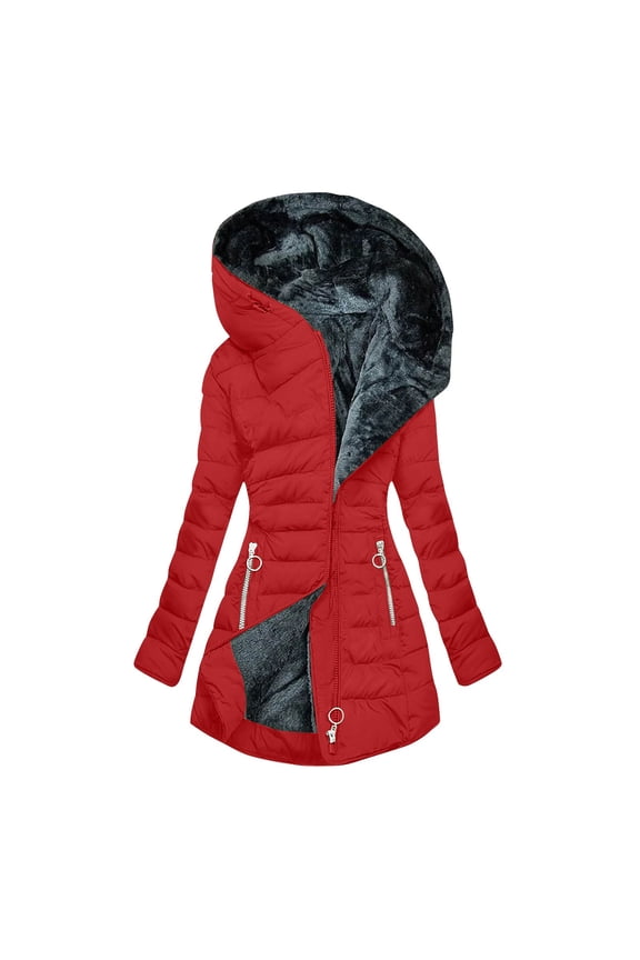Homenesgenics Winter Coats for Women Plus Size 4X Women's New Solid Color Long-sleeved Hooded Winter Cotton-padded Jacket Red XXXXL