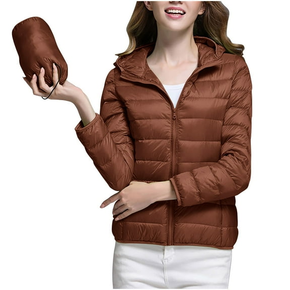 Homenesgenics Winter Coats for Women Plus Size 4X Women's Solid Color Long Sleeved Zipper with Pocket Lightweight Cotton Jacket Brown XXL