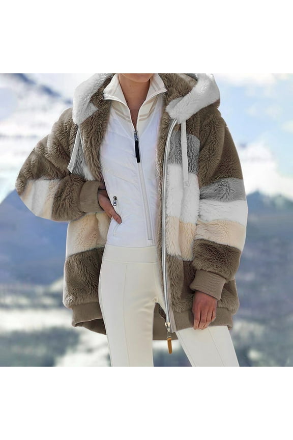 Homenesgenics Winter Coats for Women With Hood Ladies Winter Hooded Loose Long-sleeve Jacket Coat with Zipper Brown M