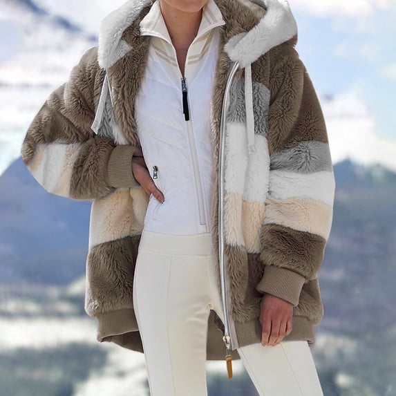 Homenesgenics Winter Coats for Women With Hood Ladies Winter Hooded Loose Long-sleeve Jacket Coat with Zipper Brown M