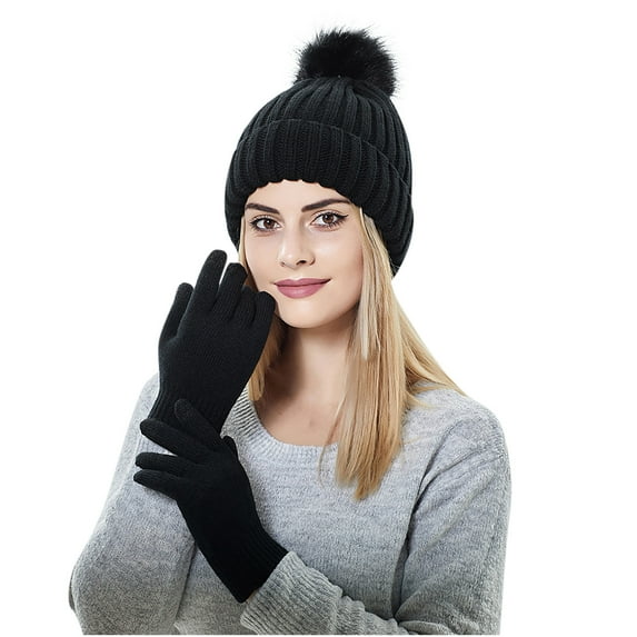 Homenesgenics Winter Hat for Women under $10 Unisex Fashion Solid Color Plus Velvet Knitted Warm Hat and Gloves Two-piece Set Clearance