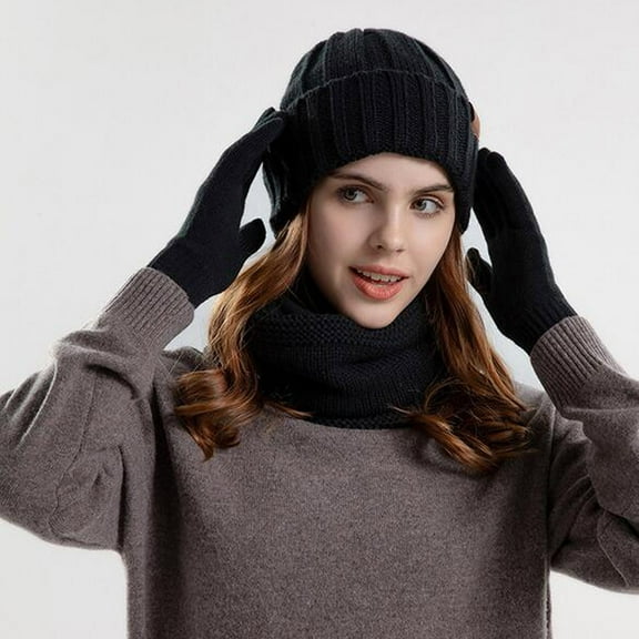 Homenesgenics Winter Hats for Women with Scarf and Gloves Set,Winter Outdoor Fashion Women's Beanies Brushy Black One Size
