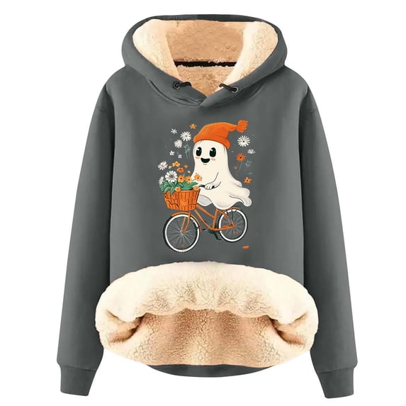 Homenesgenics Winter Hoodies for Women Plus Size Graphic Design Printed Blouse Long Sleeve Sweatshirt Hooded Pullover Plush Gray S