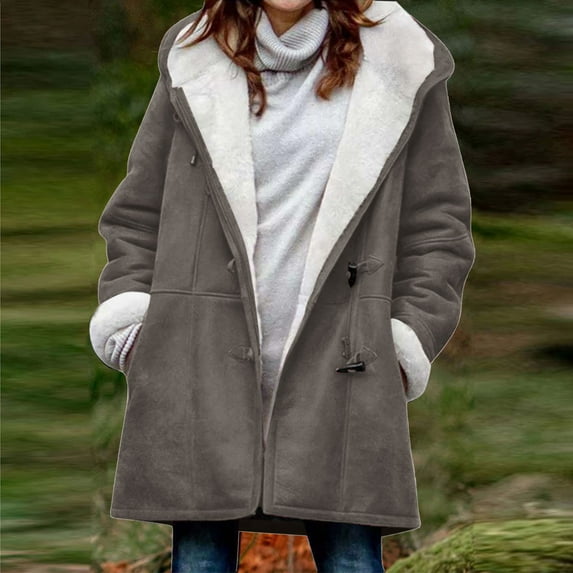 Homenesgenics Winter Jackets Plus Size ! Fashion Womens Warm Faux Coat Fleece Jacket Button Solid Long Sleeve Outerwear Long Length Hooded Gray XL