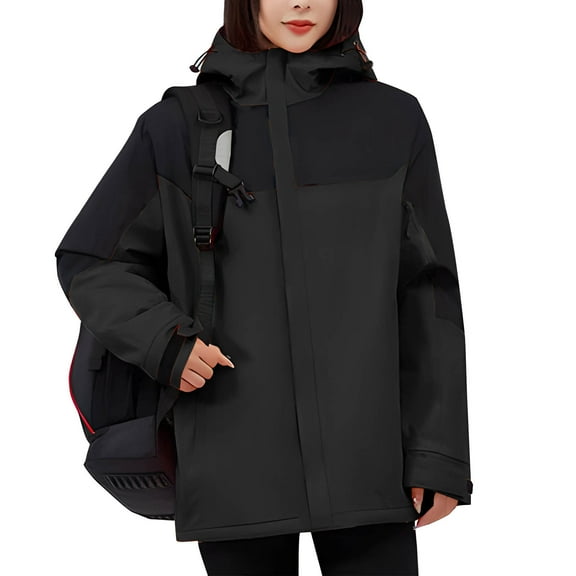Homenesgenics Winter Jackets Plus Size ! Women's Color Block Long Sleeve Zipper Pocket Hooded Coat Windproof Velvet Warm Jacket Black L