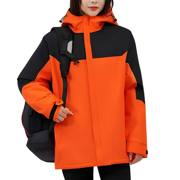 Homenesgenics Winter Jackets Plus Size ! Women's Color Block Long Sleeve Zipper Pocket Hooded Coat Windproof Velvet Warm Jacket Orange XXXXXL