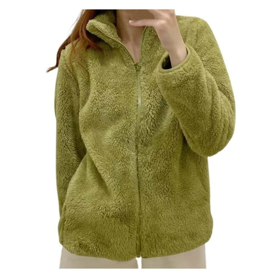 Homenesgenics Winter Jackets Plus Size ! Women's Fall and Fleece Coat Plush Jackets Solid Color Zipper Up Stand Collar with Pockets Hoodless Sweatshirt Green L
