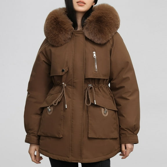 Homenesgenics Winter Jackets Plus Size ! Women's Long-sleeved Women's Clothing Plus Velvet and Thickened Parka Women's Zipper Coat Hooded Puffer Brown M