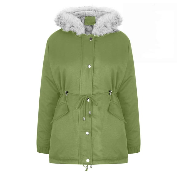 Homenesgenics Winter Jackets Plus Size ! Women's Solid Color Pocket Zipper Fleece Keep Warm Hooded Outdoor Jackets Coat Green S