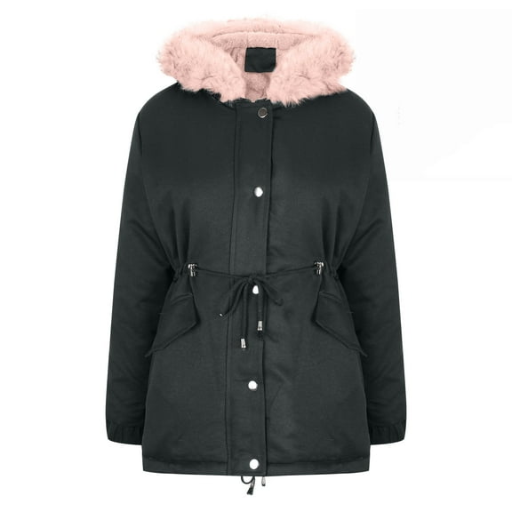 Homenesgenics Winter Jackets Plus Size ! Women's Solid Color Pocket Zipper Fleece Keep Warm Hooded Outdoor Jackets Coat Pink S