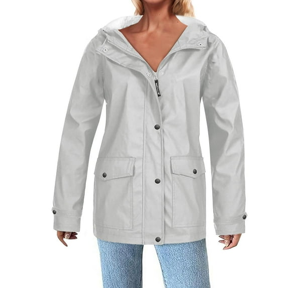Homenesgenics Winter Jackets Plus Size ! Women's Solid Rain Jacket Outdoor Long Jackets Hooded Raincoat Windproof Silver M