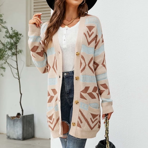 Homenesgenics Winter Jackets Women $10 Women's Solid Color Cardigan Wool Sweater Pocket Recreational Long Sleeve Tops Beige L