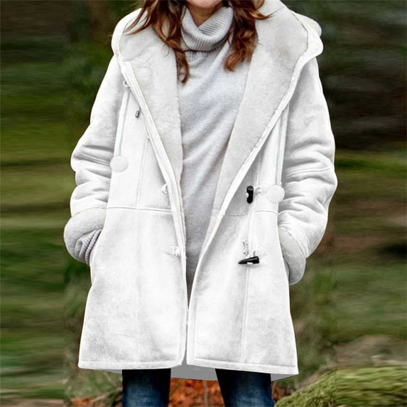 Homenesgenics Winter Jackets for Women Jackets for Women Plus Size Solid Color Velvet Coat Long Sleeve Horn Buckle Hooded Overcoat with Pockets White XXXL