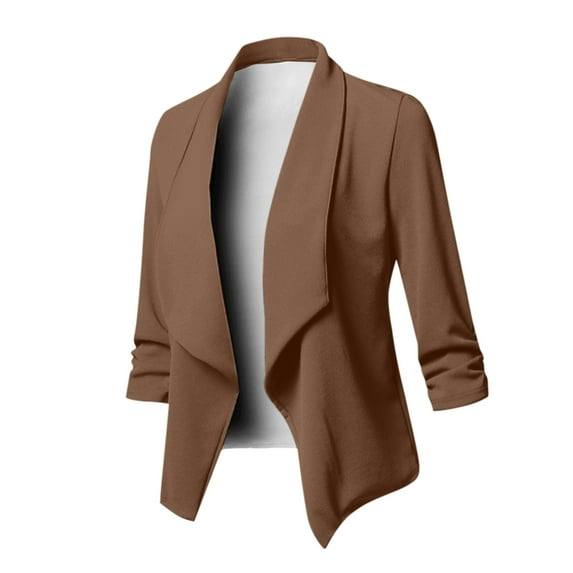 Homenesgenics Winter Jackets for Women Plus Size under $10.00 Women's Casual Blazer Open Front Lapel Long Sleeve Solid Color Print Suit Work office Jackets Blazer Brown L