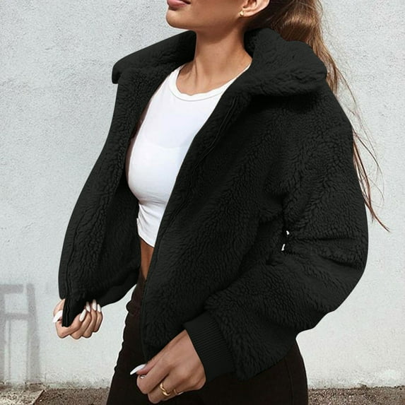 Homenesgenics Winter Jackets for Women Plus Size under $10.00 Women's Fashion Winter Warm Plush Zipper Solid Color Long Sleeve Coat Black S