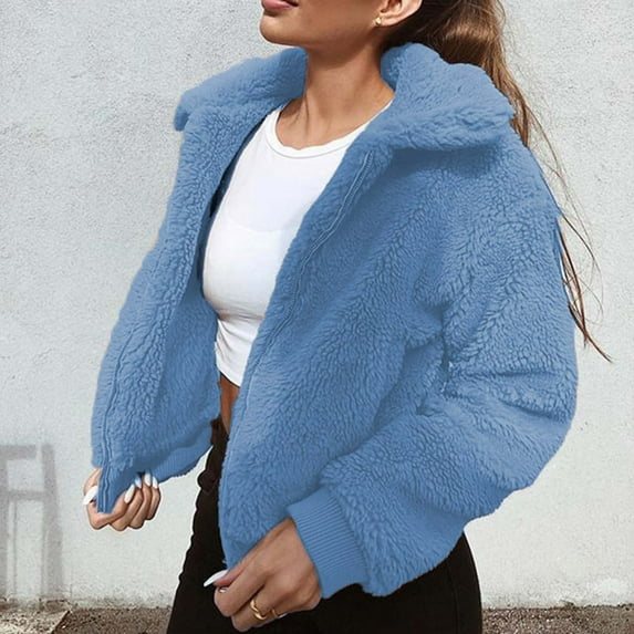 Homenesgenics Winter Jackets for Women Plus Size under $10.00 Women's Fashion Winter Warm Plush Zipper Solid Color Long Sleeve Coat Blue M