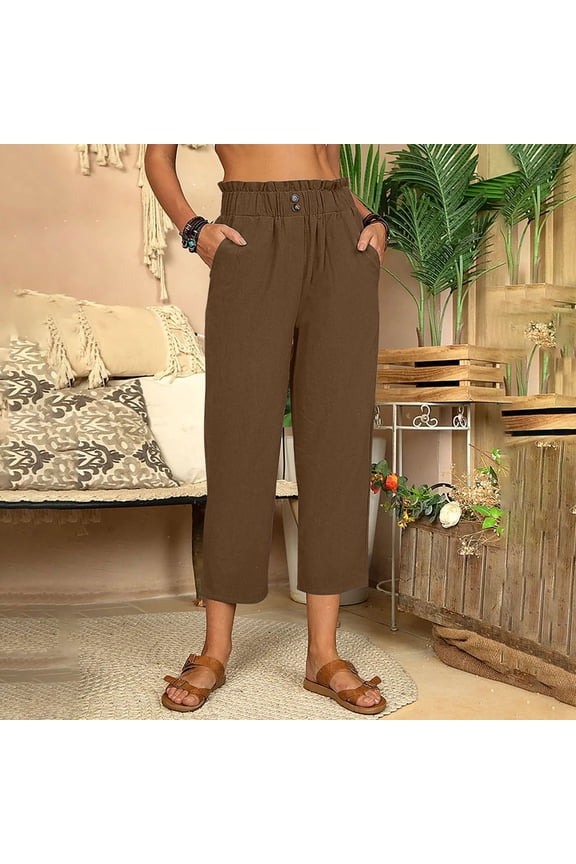 Women Cargo Pants Khaki Women's Cotton Linen Loose Pants Button Elastic Waist Casual Straight Tube Pants Capris Brown XL