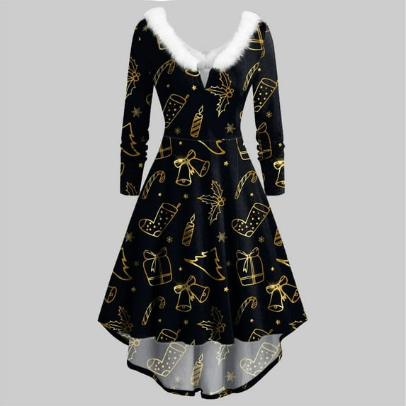 Homenesgenics Women Dress Long Sleeve Printed Furry V-Neck Draw Back Dress Womens Clothes under $8
