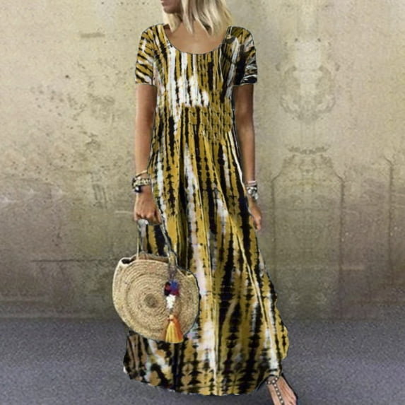 Homenesgenics Women Plus Size Casual Printed Round-Neck Short Sleeve Loose Knee-Length Maxi Dresses