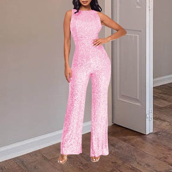 Homenesgenics Women'S Solid Color High-Waisted Sleeveless Round Neck Off-The-Shoulder Sequin Slim Long Sequin Romper