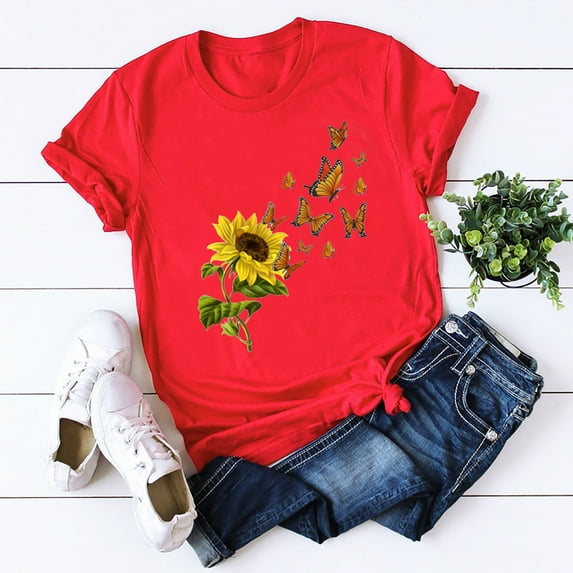 Homenesgenics Short Sleevet Shirts for Women Spring Summer 2026 Plus Size Women Short Sleeve Floral Printed Sunflower Tops T-Shirt Blouse
