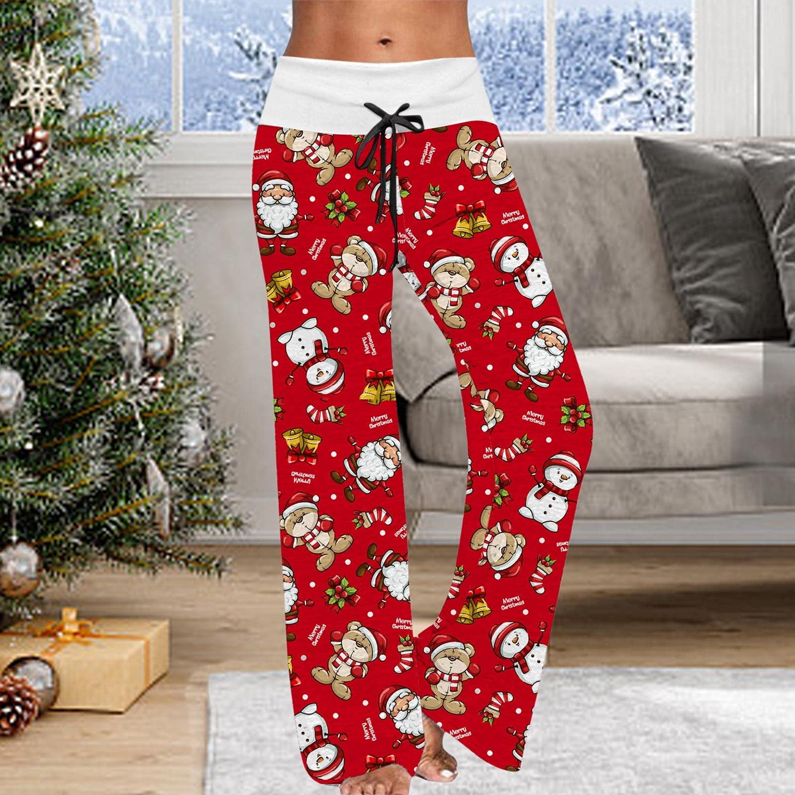 Homenesgenics Women's Christmas Pants Winter Plus Size Elastic Waist