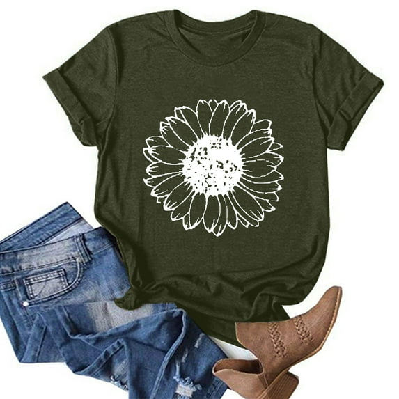 Homenesgenics Women's Fashion Sunflower Crewneck Printed Short Sleeve T-shirt Casual Loose Shirt Tops
