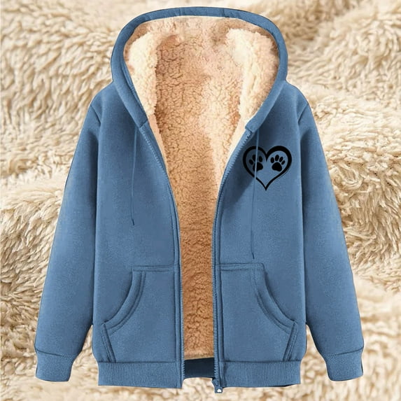 Homenesgenics Women's Hoodies Plus Size Winter Printed Fleece Hooded Sweatshirt Jacket Zip-up Full-zip Plush Blue XXL