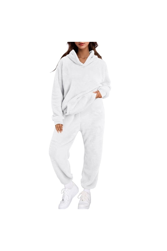 Women's Solid Color Casual Crew-Neck Long-Sleeved Sweatshirts Teddy Hoodie And Elastic Waist Pants Suit