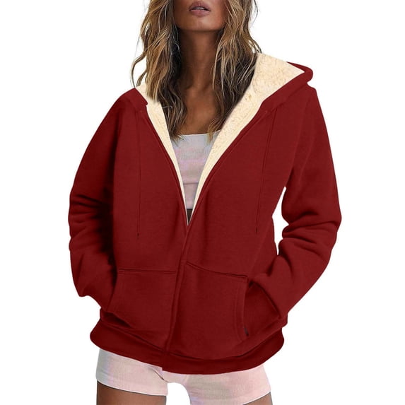 Homenesgenics Women's Solid Color Zipper Long Sleeve Casual Winter Fleece Hooded Coat Plus Size Plush with Pockets Red XL