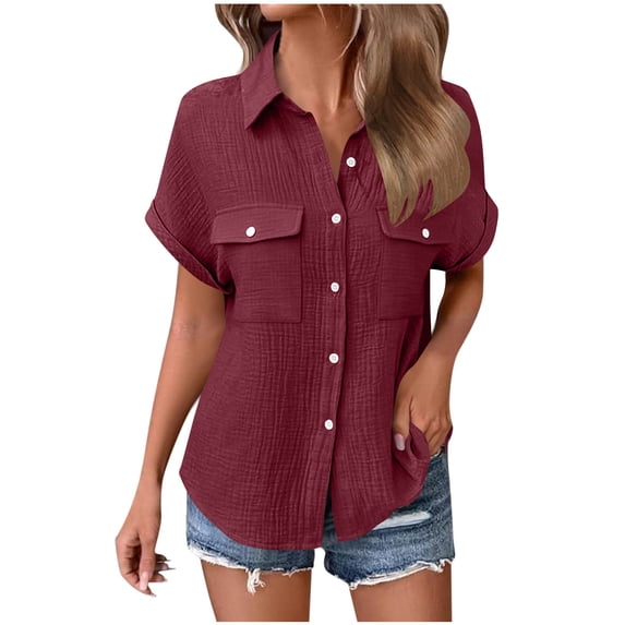 Homenesgenics Women's Tops Solid-Color Collared Button-Down Pocket Short-Sleeve Shirt Red XXL