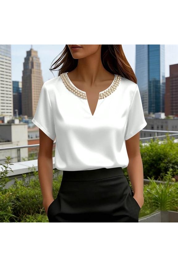 Women's Tops Spring Summer Fashion Solid Color Casual V-Neck Pearl-Embellished Professional-Style Short Sleeve Blouse,Shirts for Women Plus Size White L