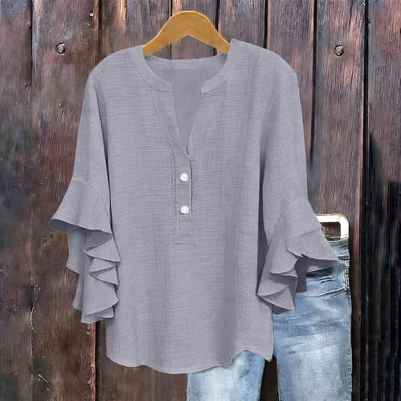 Homenesgenics Women's Tops Spring Trendy 3/4 Lace Sleeve V-Neck Button-Up Casual Solid Color Cotton-Linen Loose Fit Blouse,Shirts for Women Plus Size Gray XXL