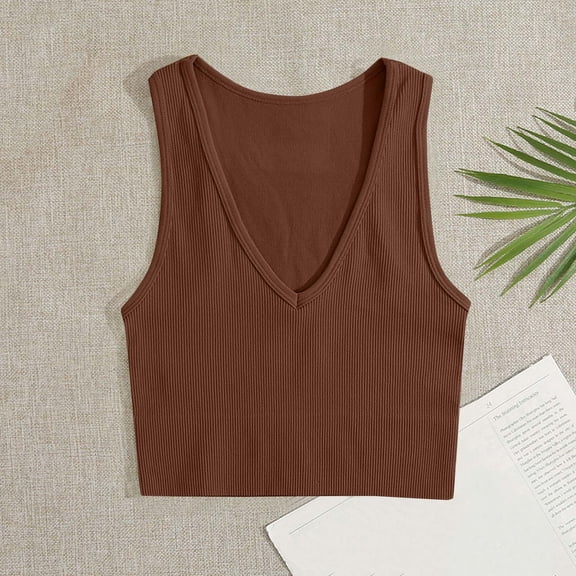Homenesgenics Women's V-Neck Tight Sleeveless Solid Color Camisoles Sports Yoga Elastic Tank Tops for Women Plus Size under $5 Summmer Tunic Tops Brown S