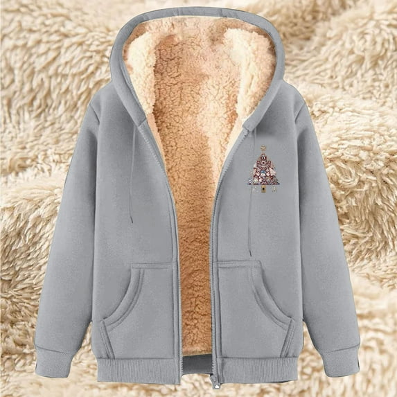 Homenesgenics Women's Winter Plus Size Printed Fleece Hooded Winter Sweatshirt Jacket Zip-up Full-zip Plush Gray XXXL